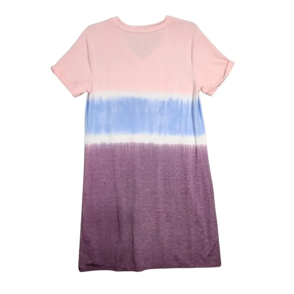TE Verde Tie Dye Tshirt Dress Pink Purple Blue Size Small Oversized Soft V Neck‎ - Picture 2 of 6
